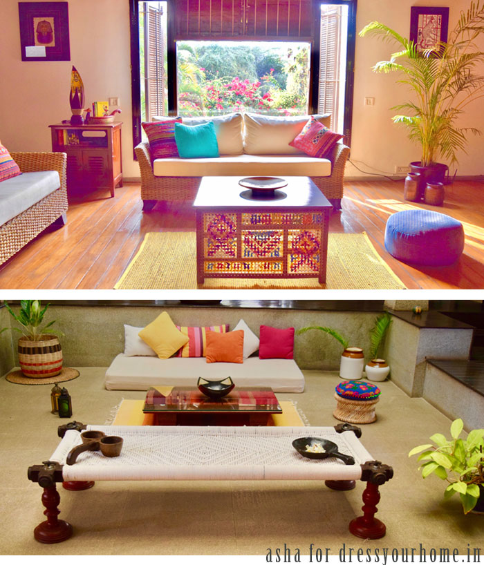 A casual seating area in sunken courtyard space between the living and dining area. The wooden artefacts on the charpai are old serveware from Kerala.